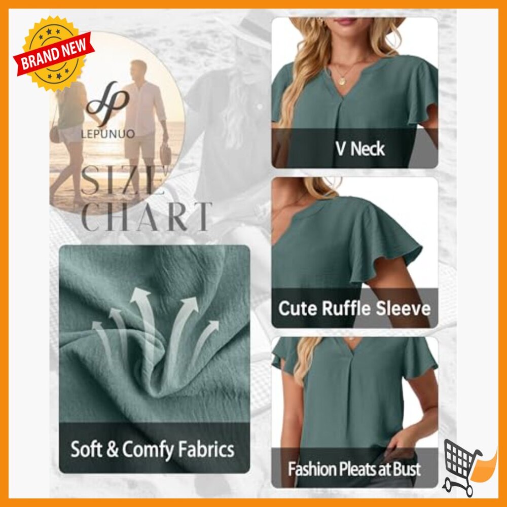 V-Neck Ruffle Sleeve Blouse, Lightweight Polyester, Business Casual Top - Picture 4 of 7
